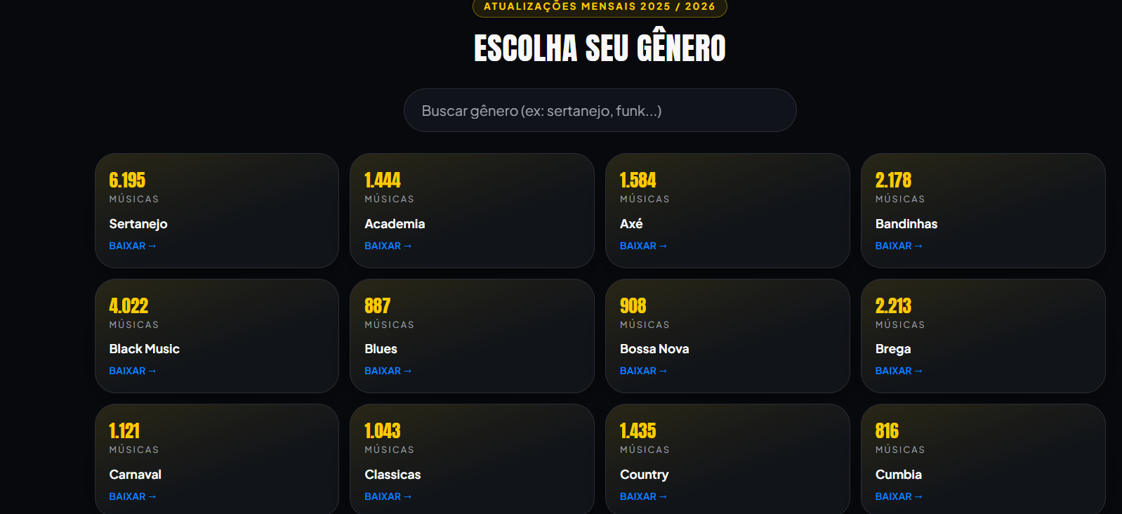Área de membros organizada por gêneros musicais — exemplo 1