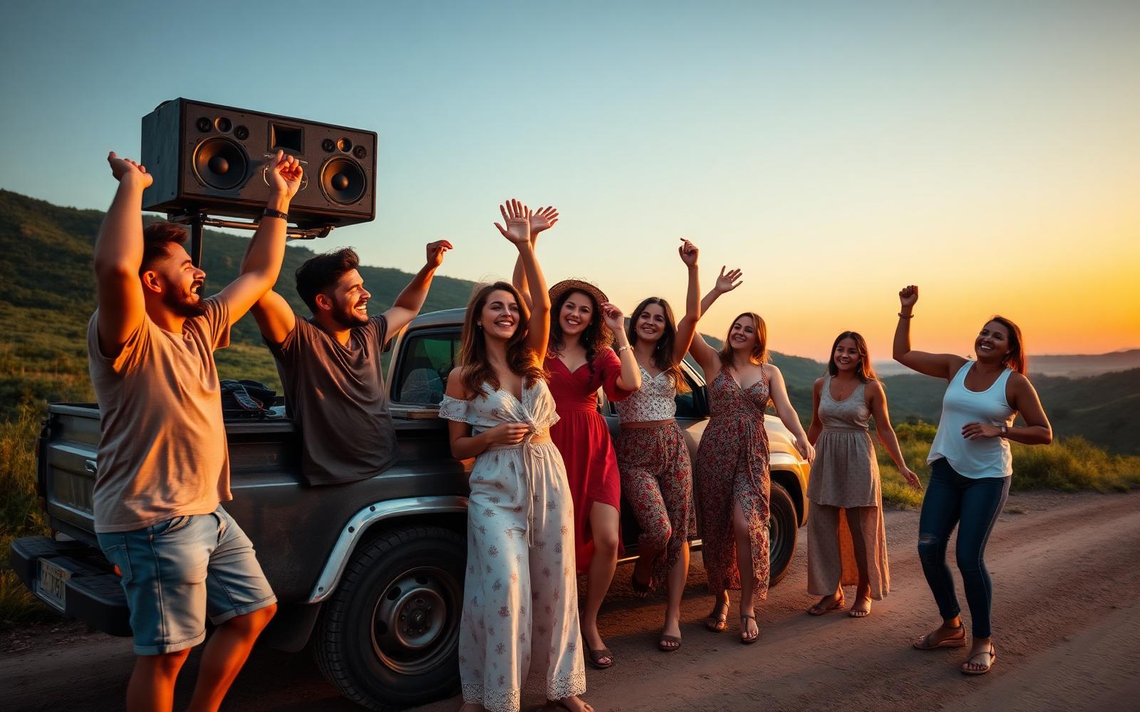 Amigos curtindo música em um carro de som no interior