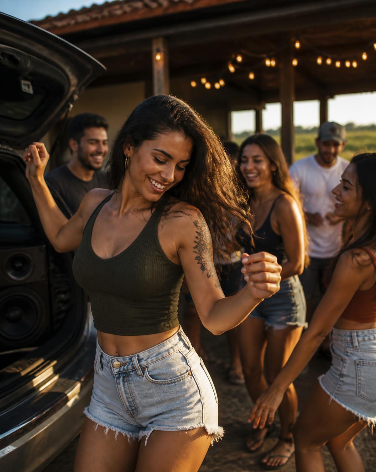 Amigos e mulheres dançando ao som do carro no interior
