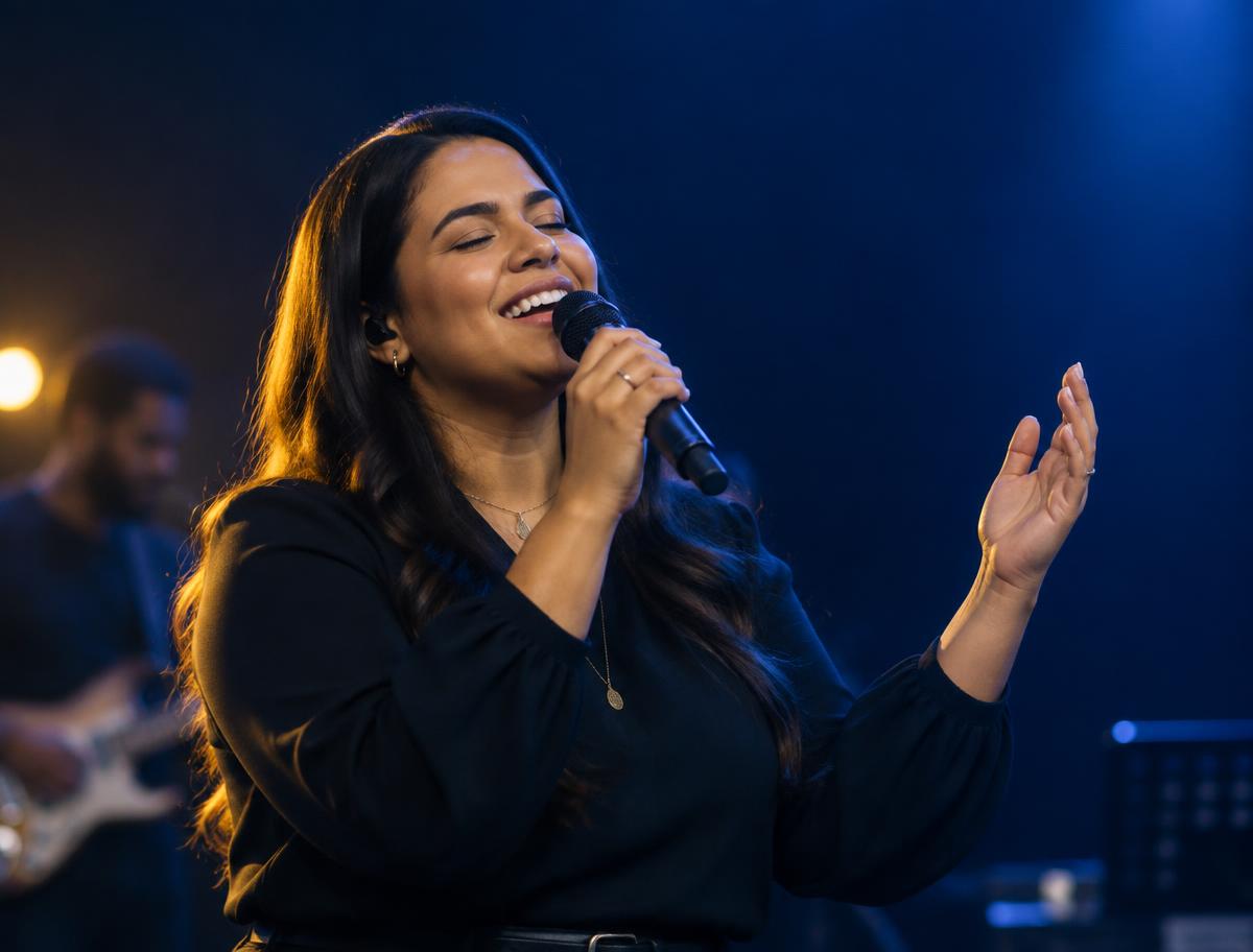 Cantora gospel adorando com microfone durante ensaio